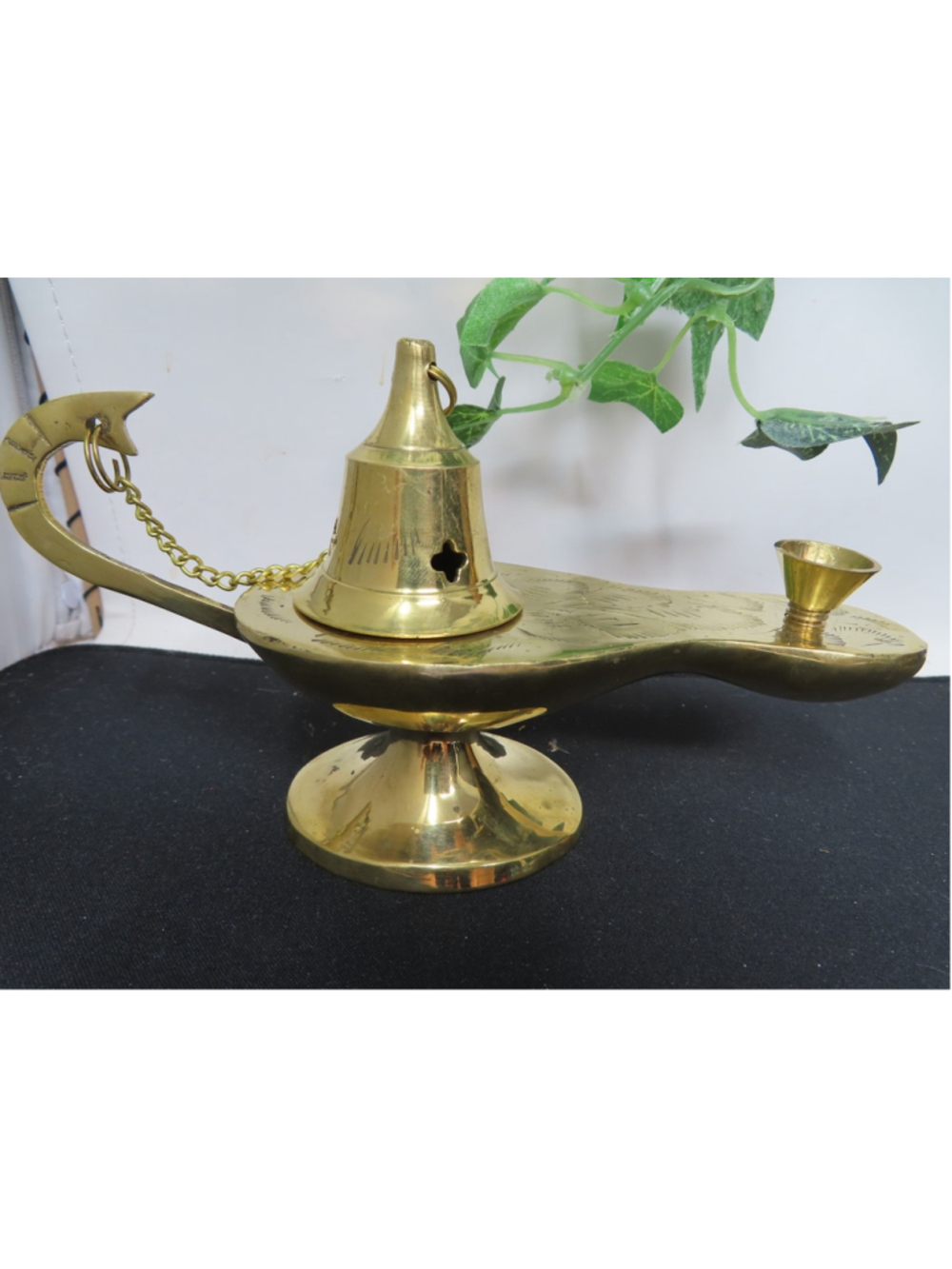 Vintage Solid Brass Genie Lamp Incense Burner Ornate Leaf Etched Design